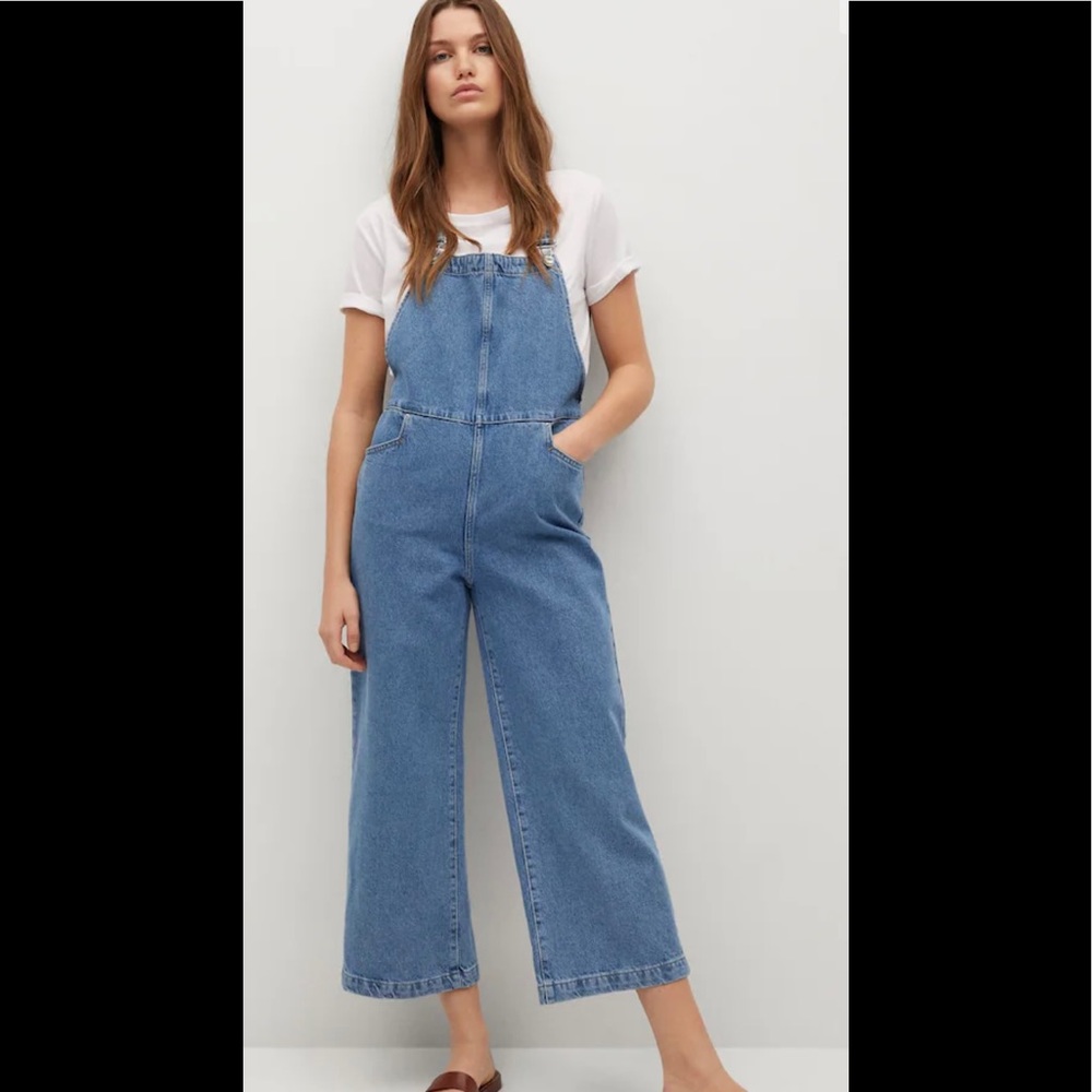 Mango Long Denim Dungarees/Overall Light Blue Wide Leg Size XS